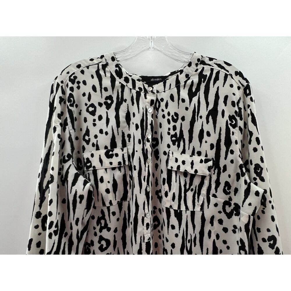 Ali Miles Women’s Roll Tab Sleeve Animal Print Popover Black Beige Size Large - Picture 2 of 7